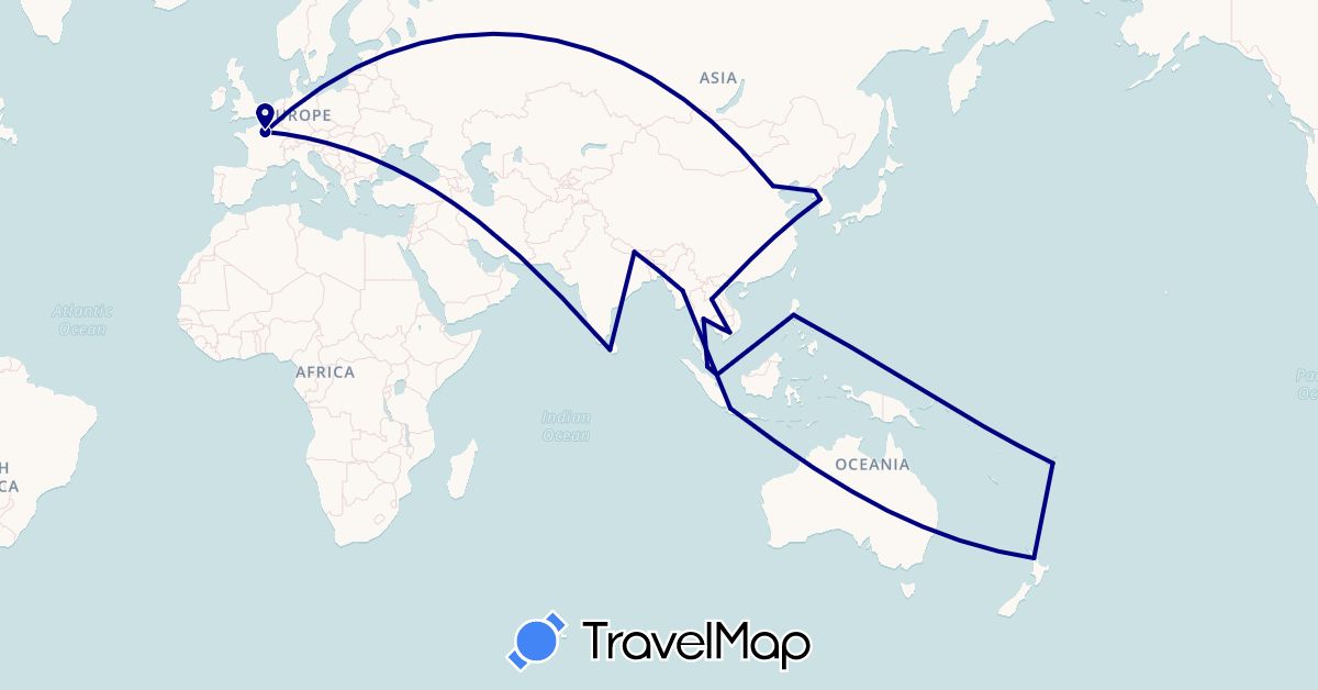 TravelMap itinerary: driving in China, Fiji, France, Indonesia, Cambodia, North Korea, South Korea, Laos, Sri Lanka, Myanmar (Burma), Malaysia, Nepal, New Zealand, Philippines, Singapore, Thailand, Vietnam (Asia, Europe, Oceania)